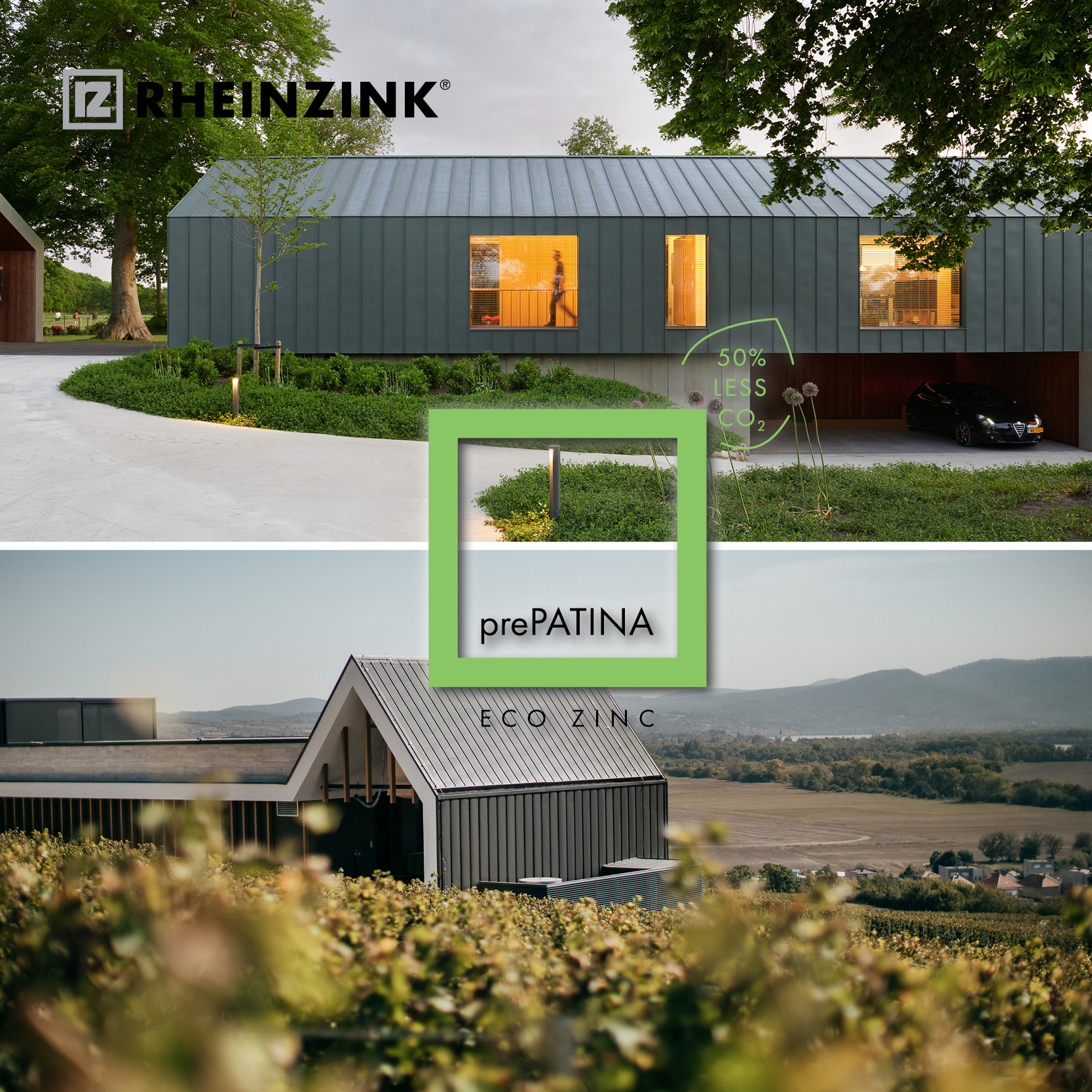 RHEINZINK-prePATINA ECO ZINC material now made with 50% less CO2